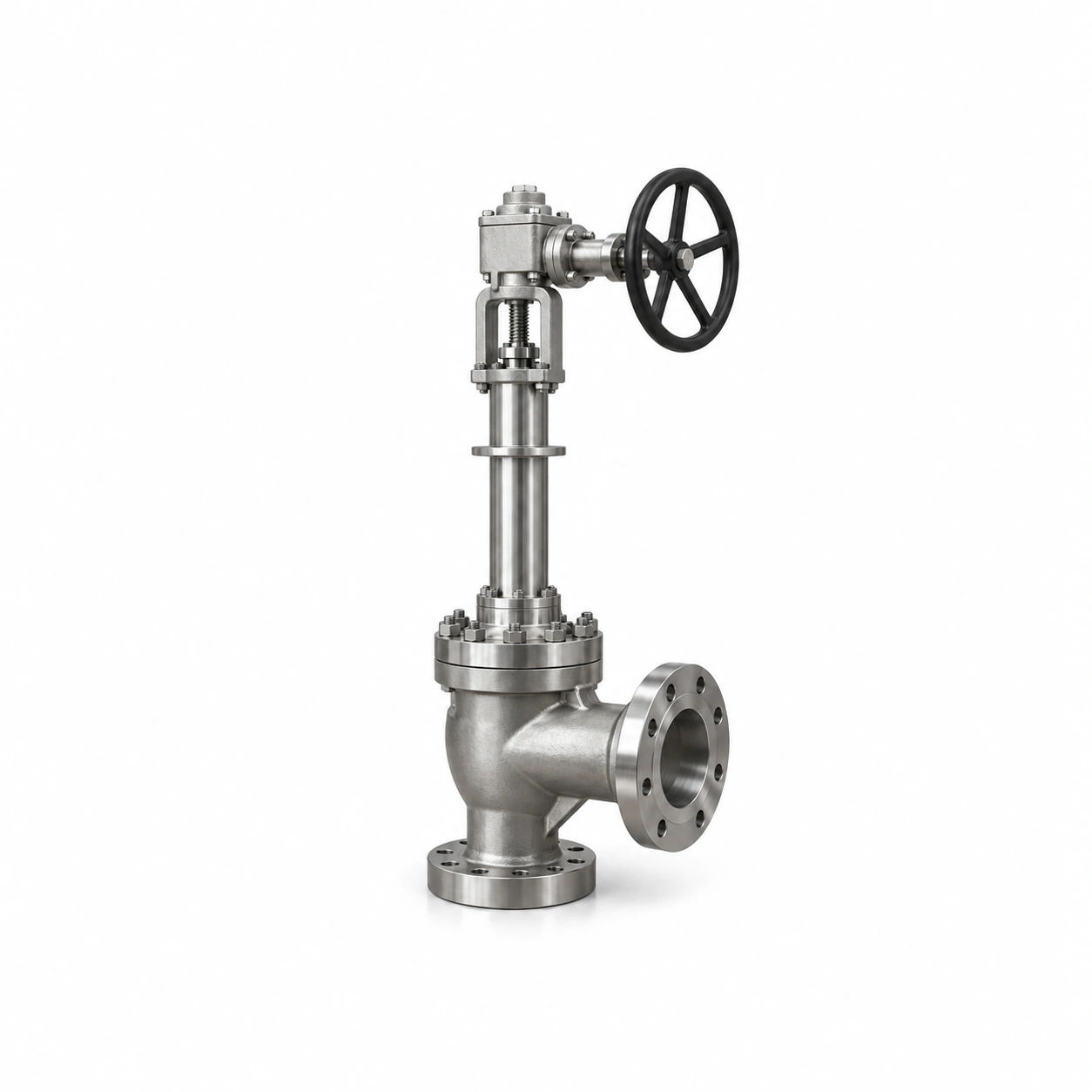 Cryogenic plunger valve · angle pattern - illustrative assembly, two L-pattern flanged ports and an extended manual upper assembly