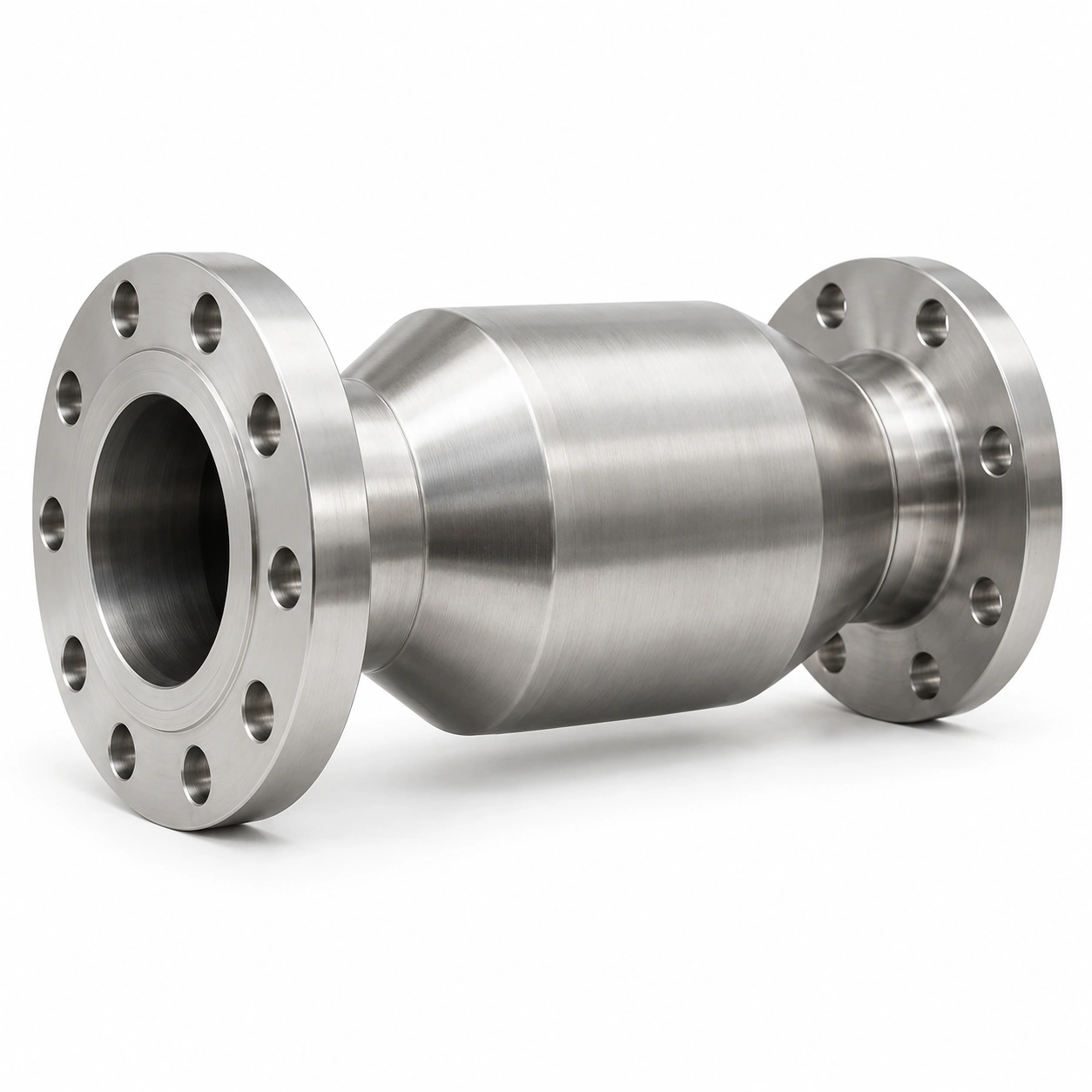 Cryogenic axial-flow check valve - illustrative assembly, two RF flanged line connections