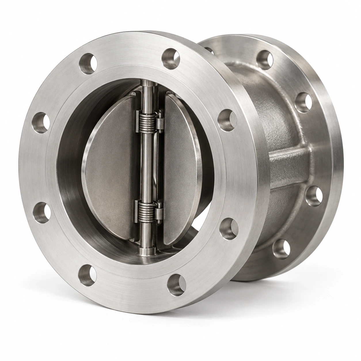 Cryogenic dual-plate check valve - illustrative assembly, two RF flanged line connections