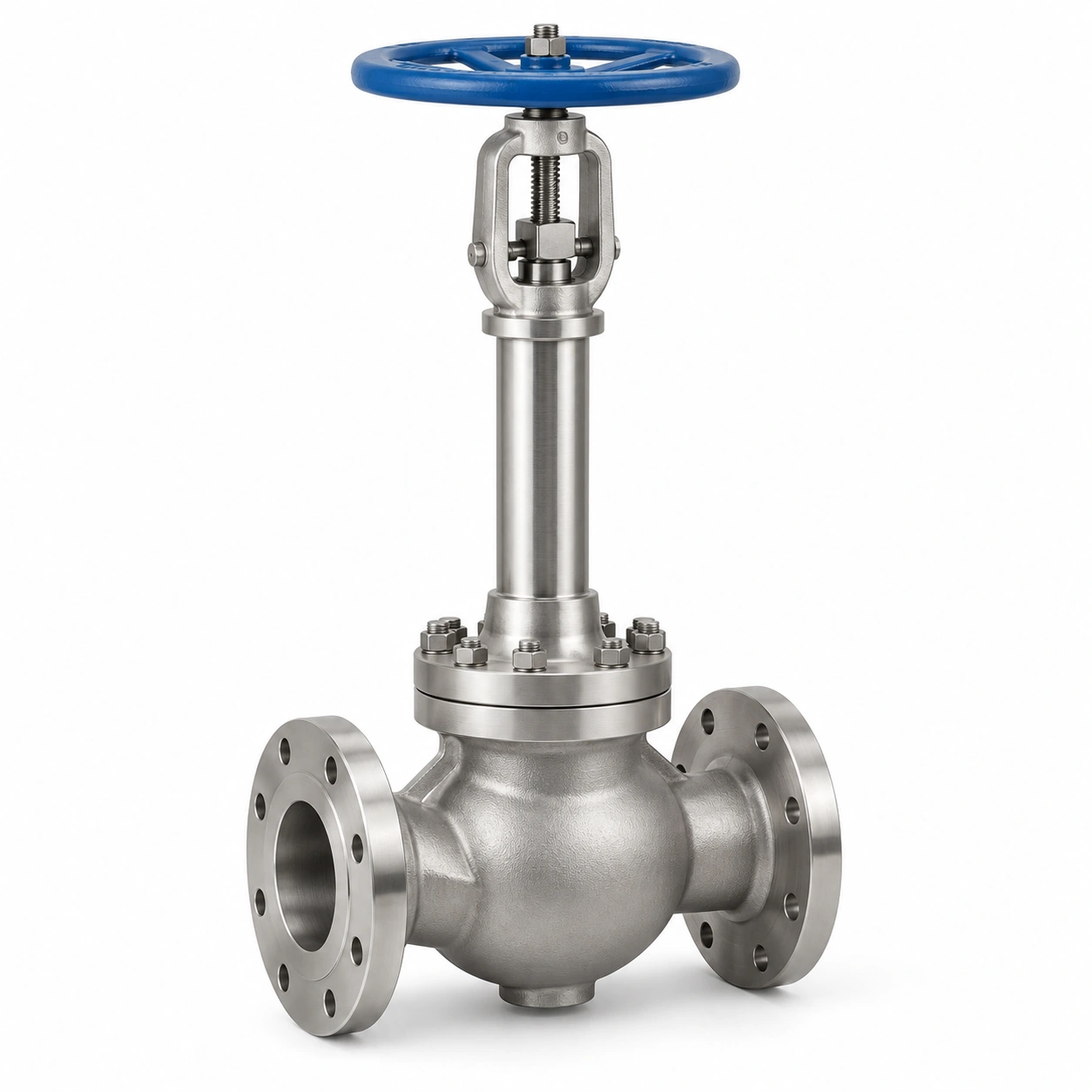 Cryogenic screw-down non-return valve - illustrative assembly, a flanged globe-pattern body and extended manual handwheel assembly