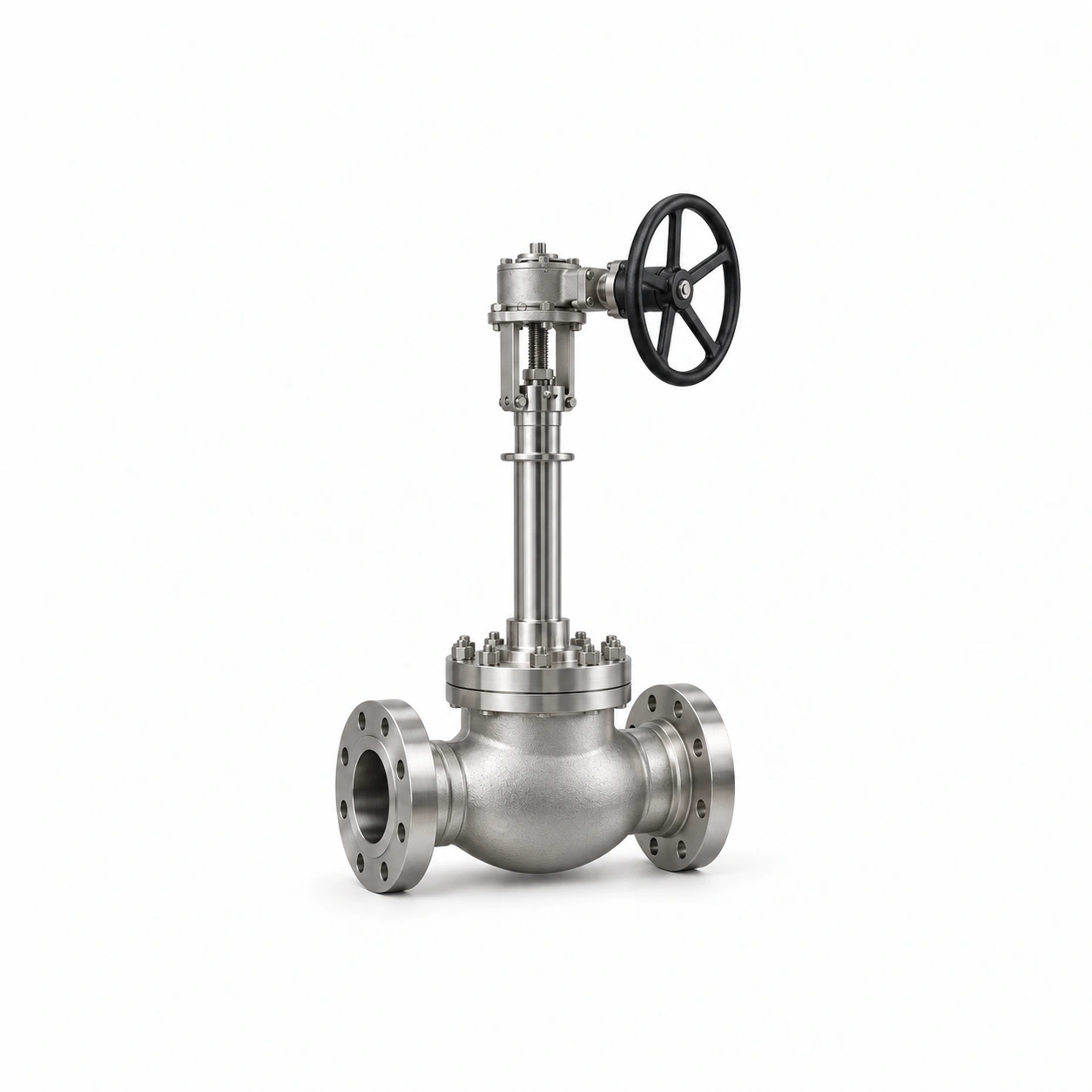 Cryogenic plunger valve · straight pattern - illustrative assembly, two opposed inline flanged ports and an extended manual upper assembly