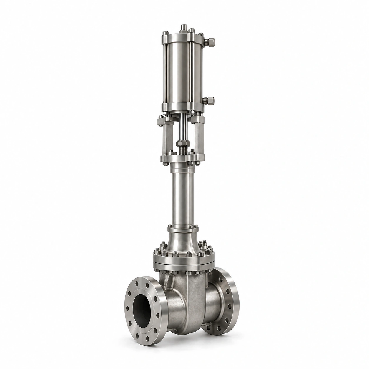 Hydraulic cryogenic gate valve - illustrative assembly, two RF flanged line connections