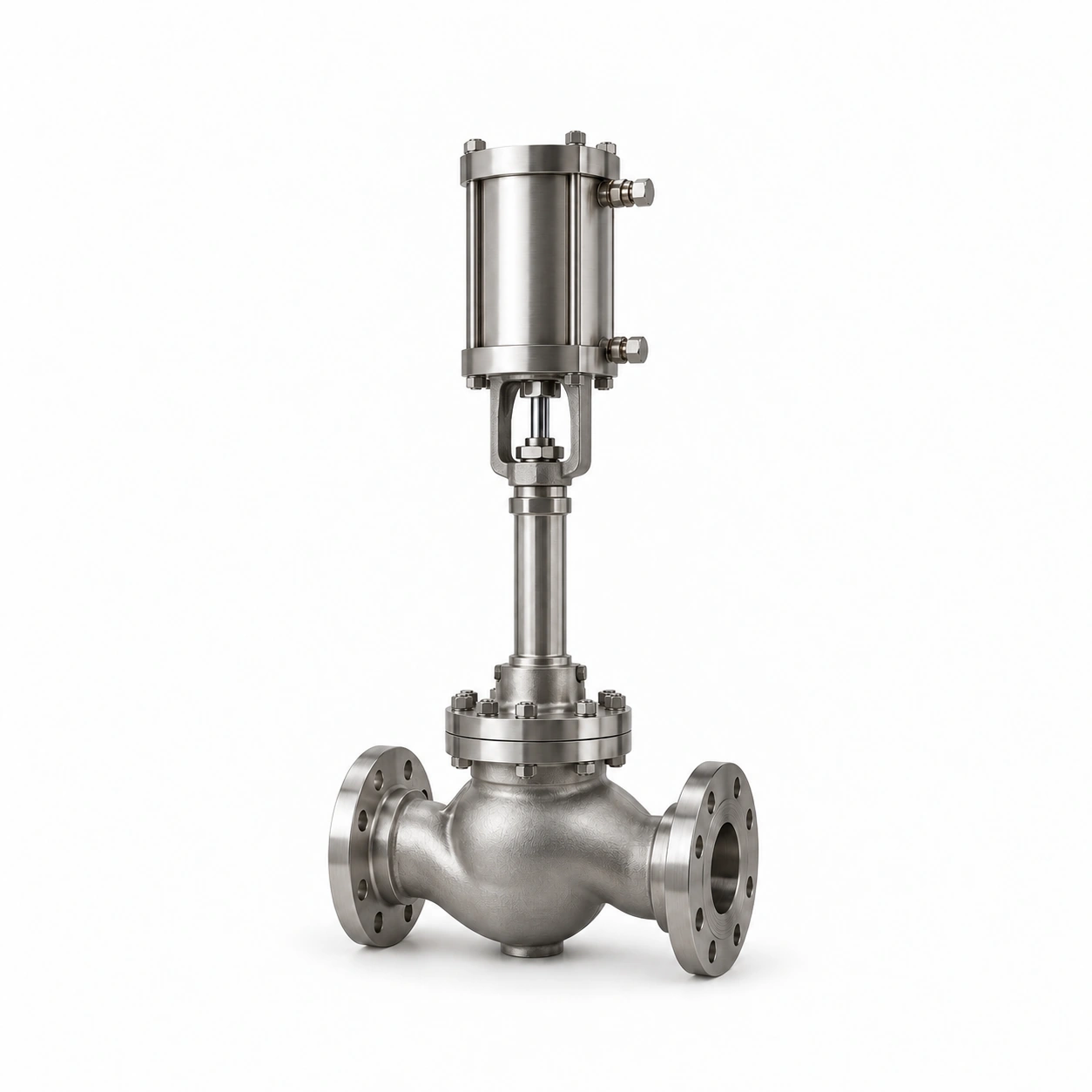 Hydraulic cryogenic globe valve - illustrative assembly, two RF flanged line connections