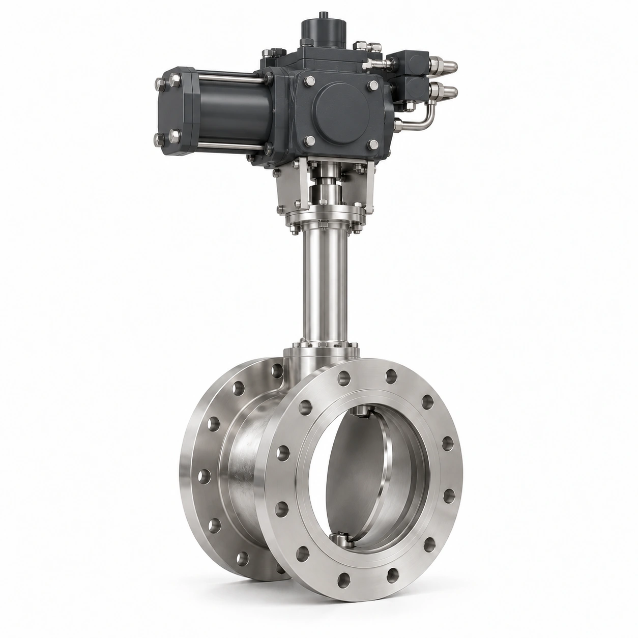 Hydraulic cryogenic triple-offset butterfly valve - illustrative assembly, a double-flanged butterfly body, open disc, long shaft extension and hydraulic drive