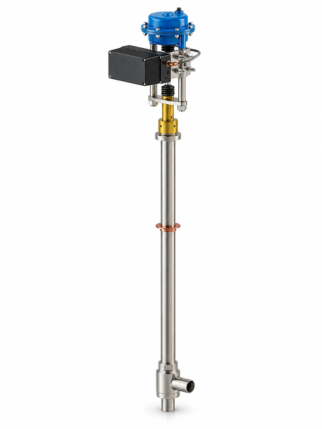 LH2 cold-box bellows control valve - illustrative assembly, an angle body with horizontal and downward butt-weld stubs, very long cold extension, blue diaphragm actuator and black positioner