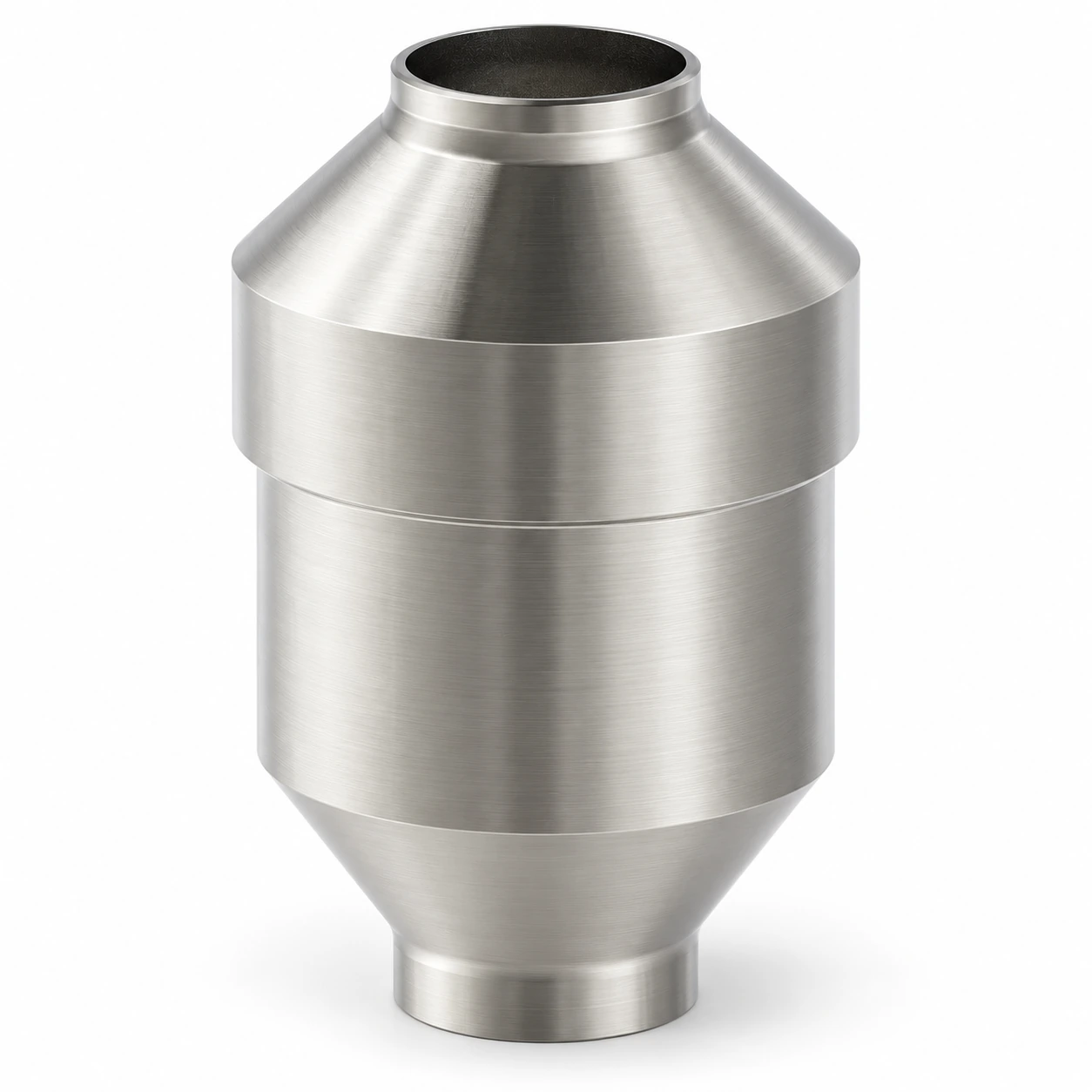 LH2 compact inline cold check valve - illustrative assembly, a cylindrical inline barrel with conical shoulders and two coaxial butt-weld ends; no bonnet or actuator