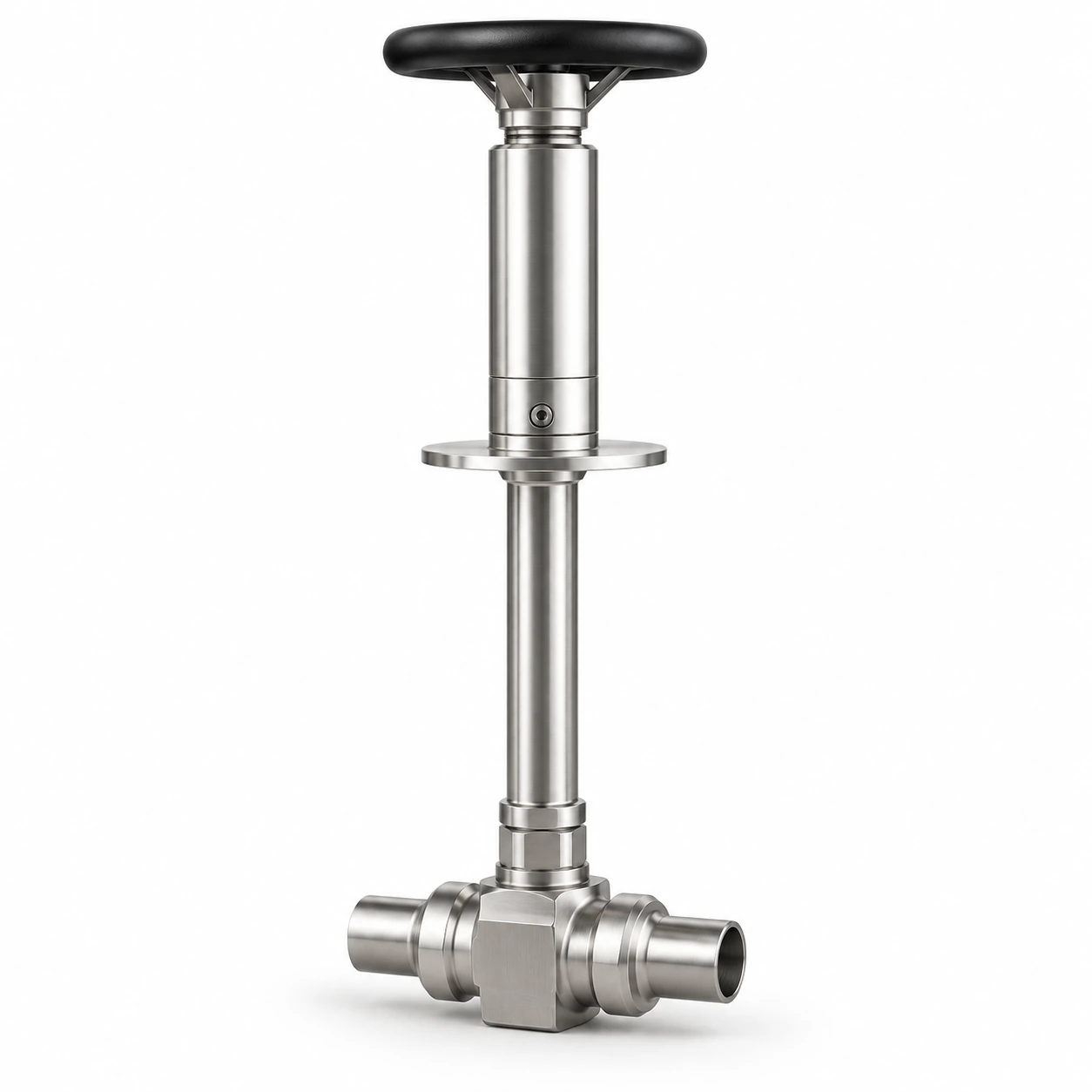 LH2 modular inline globe valve - illustrative assembly, a compact straight body with two opposing butt-weld stubs, extended upper tube, vacuum flange and manual handwheel
