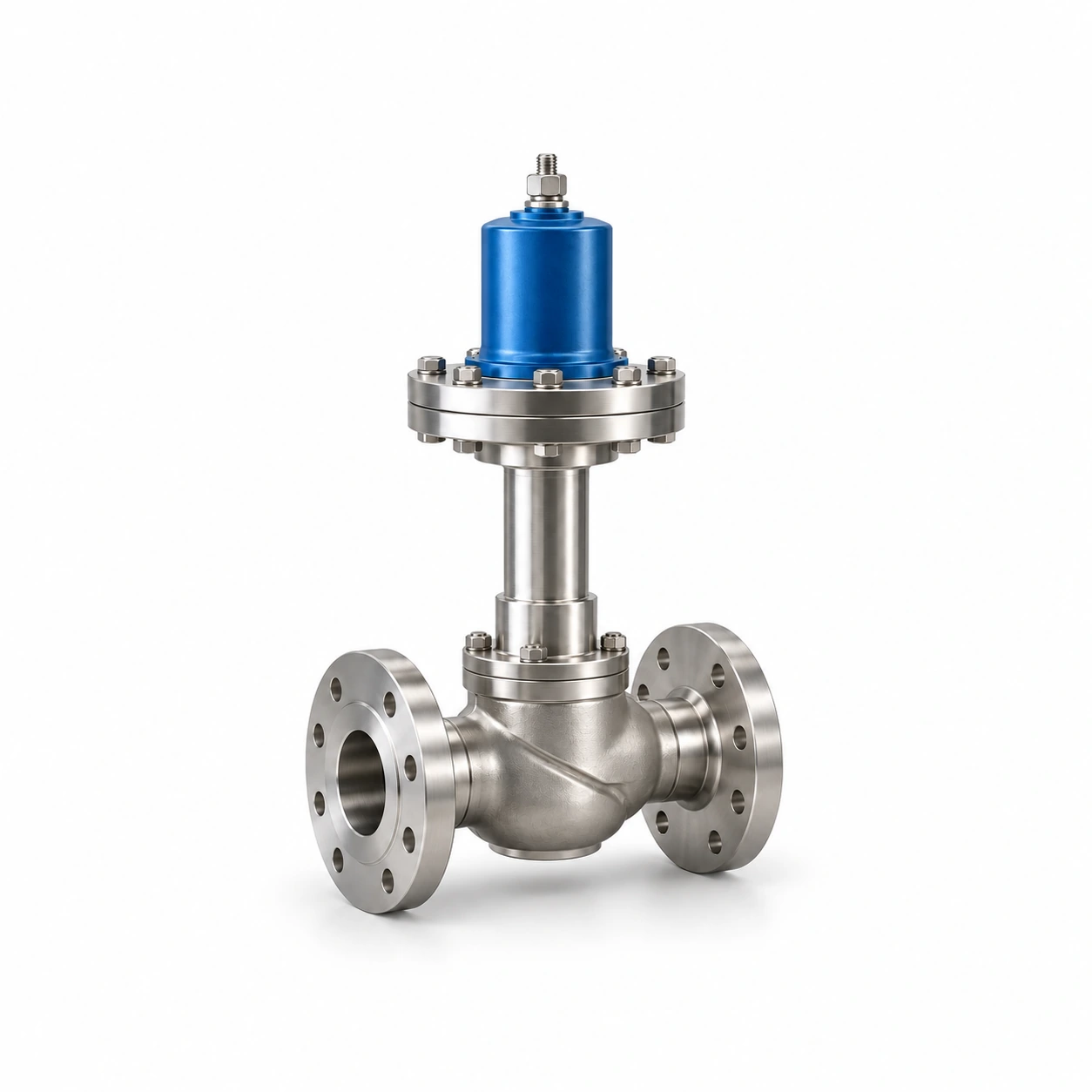 Liquid-hydrogen pressure-reducing valve - illustrative assembly, a flanged regulator body, extended upper assembly and spring housing