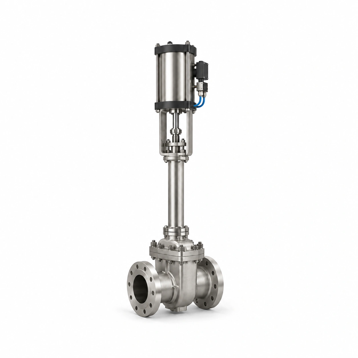 Pneumatic cryogenic gate valve - illustrative assembly, two RF flanged line connections