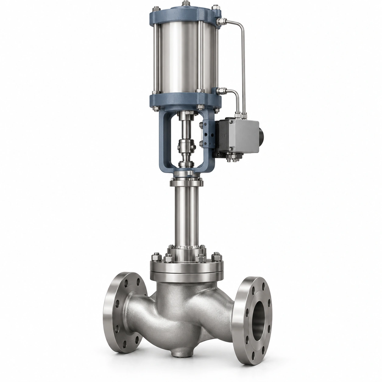 Pneumatic cylinder cryogenic control valve - illustrative assembly, two RF flanged line connections