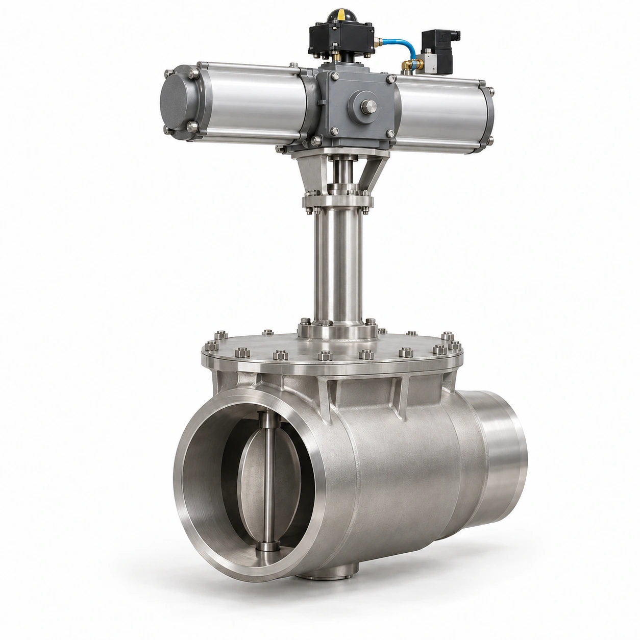 Pneumatic frontal top-entry cryogenic butterfly valve - illustrative assembly, two butt-weld ends, a removable service cover and a pneumatic drive above the cryogenic extension