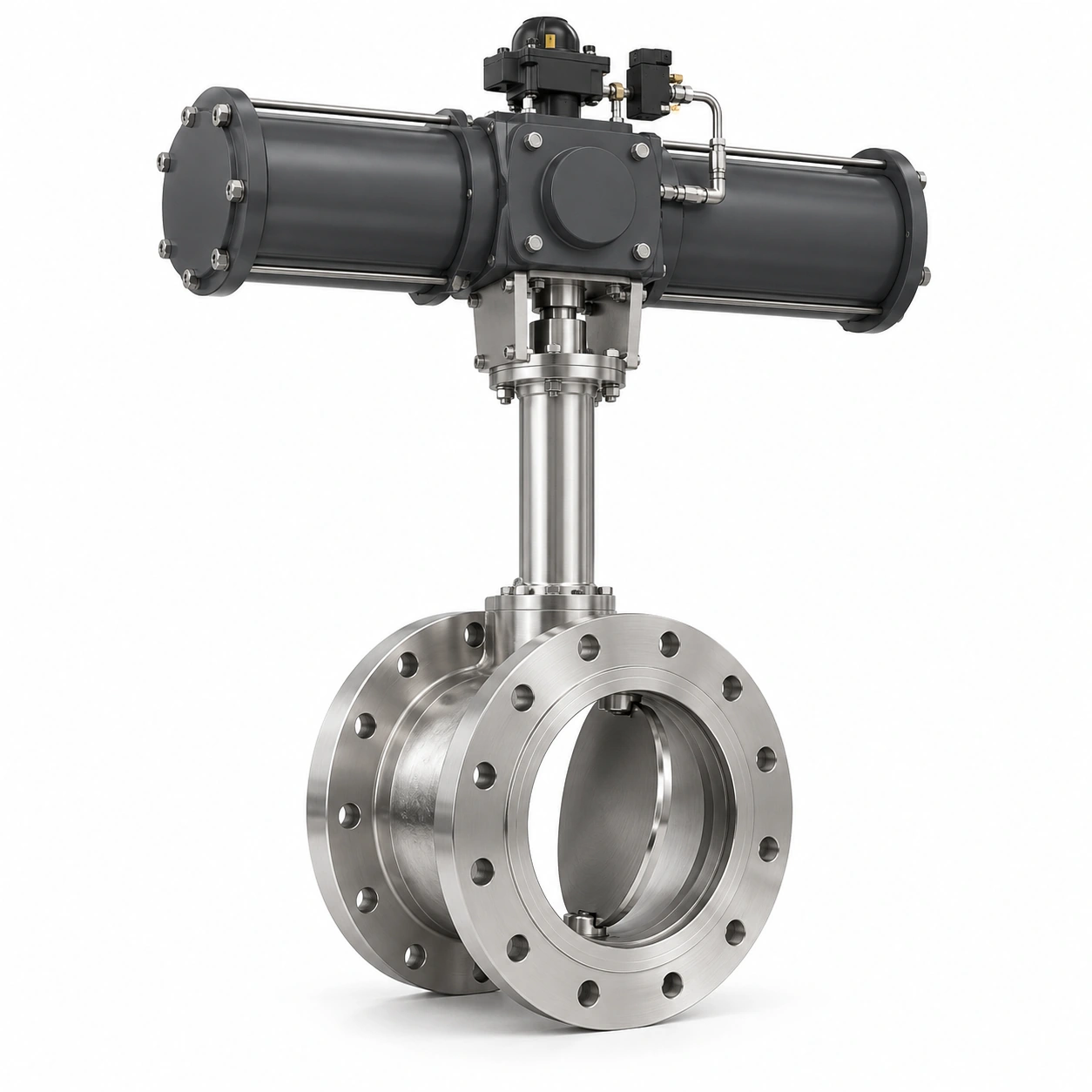 Pneumatic cryogenic triple-offset butterfly valve - illustrative assembly, a double-flanged butterfly body, open disc, long shaft extension and pneumatic drive