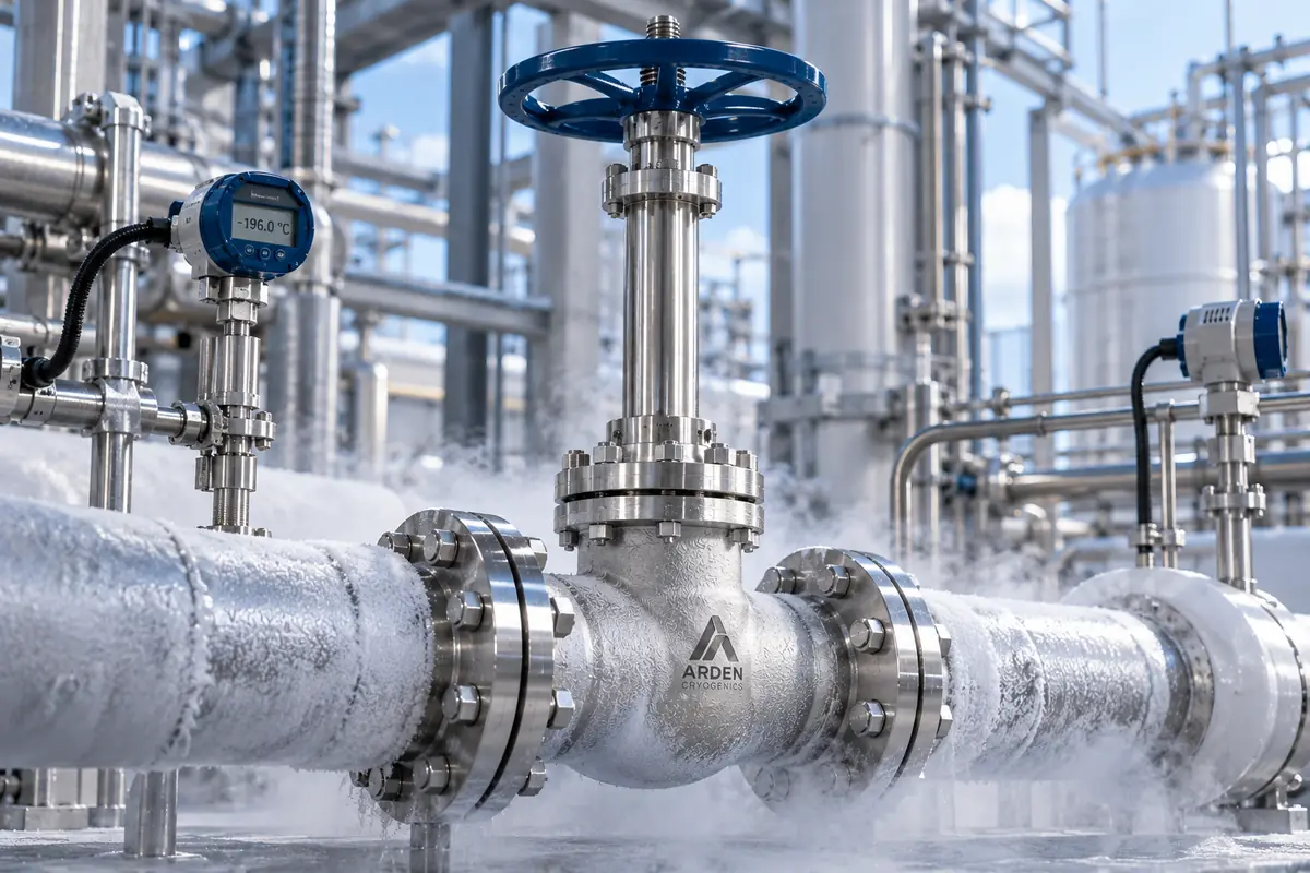 Illustrative cryogenic testing scene with an Arden Cryogenics-marked extended-bonnet globe valve, frost-covered pipework and temperature instruments